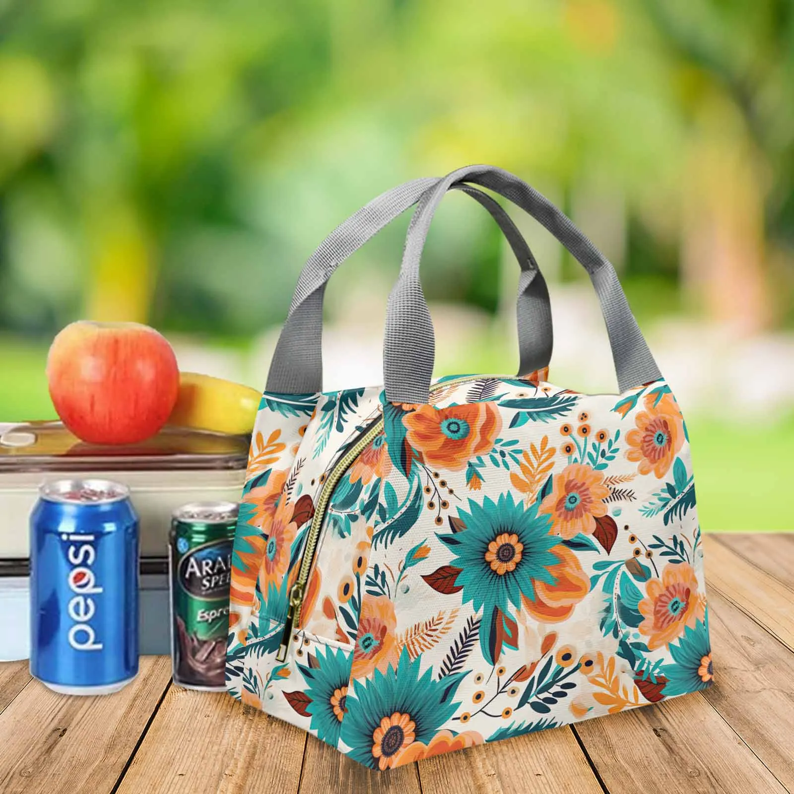 Boho Retro Floral  Portable Lunch Bag-Grey Handle