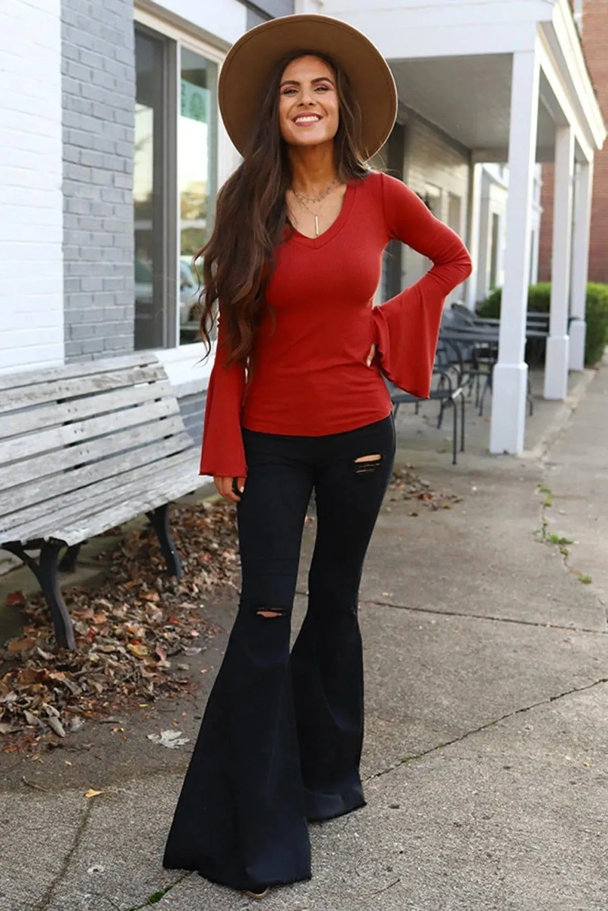 Boho V Neck Knit Bell Sleeve Top Red