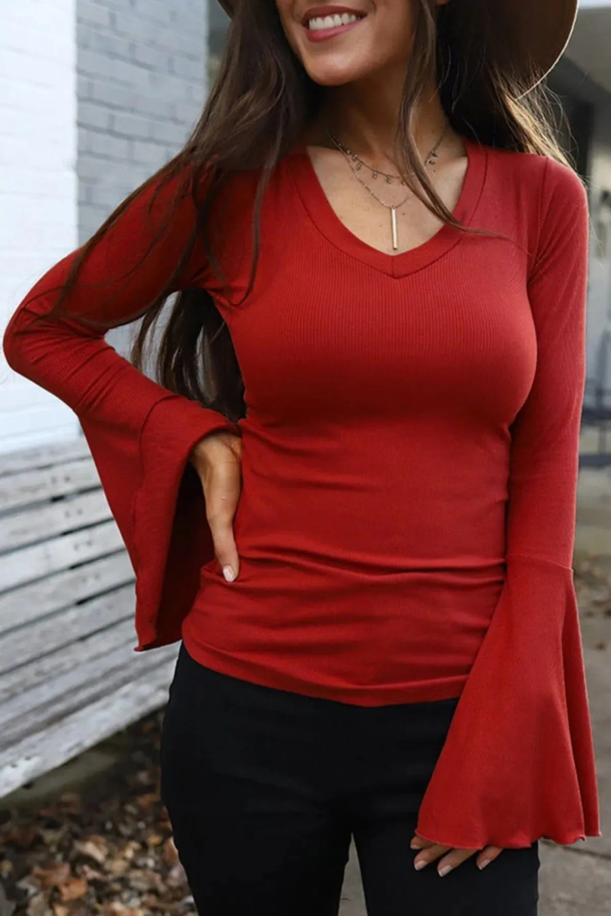 Boho V Neck Knit Bell Sleeve Top Red