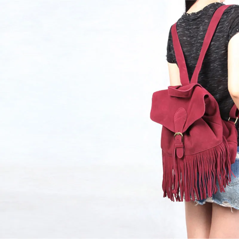 Boho Womens Leather Fringe Backpack Purse Hippie Backpack Bags for Women