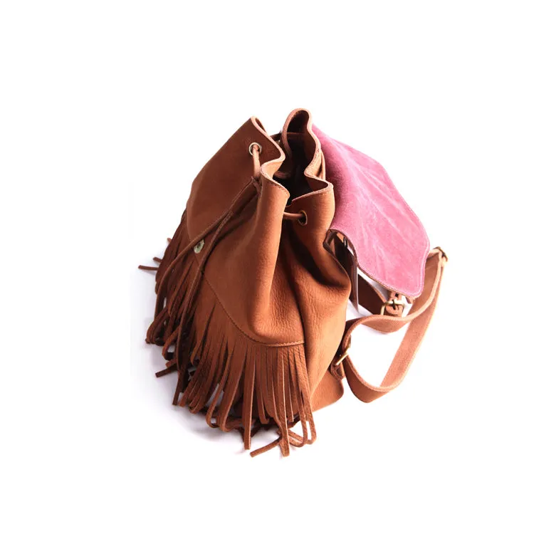 Boho Womens Leather Fringe Backpack Purse Hippie Backpack Bags for Women