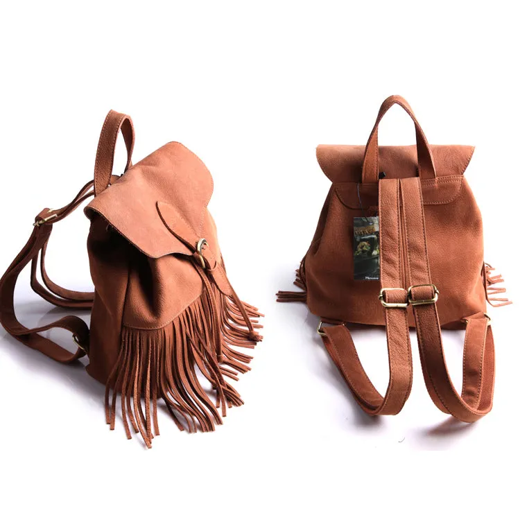 Boho Womens Leather Fringe Backpack Purse Hippie Backpack Bags for Women