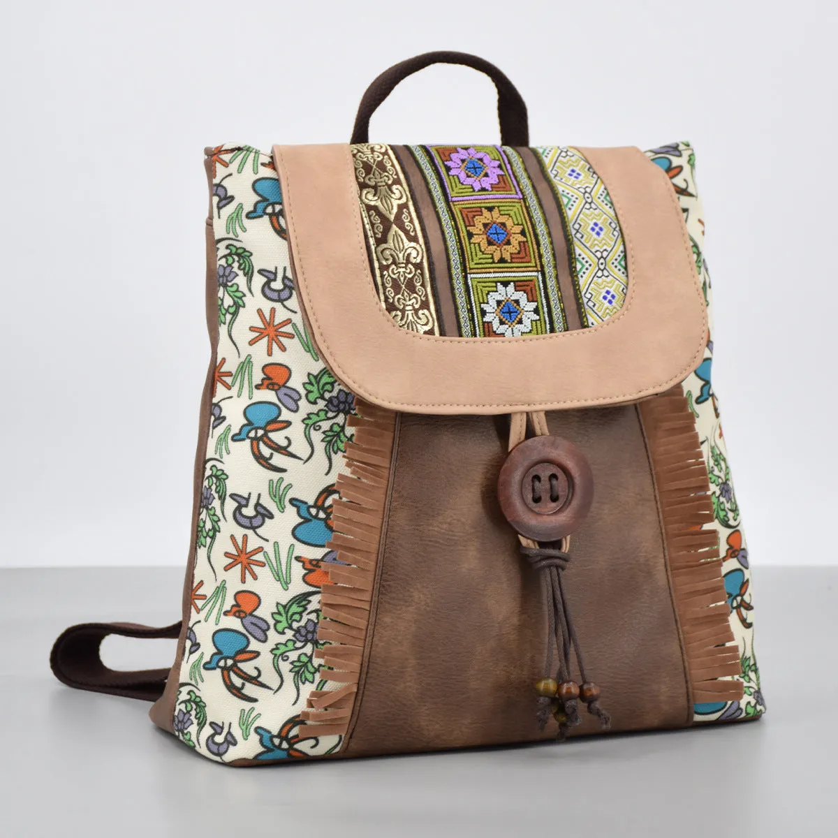 Boho Womens Vegan Backpack Purse Small Ladies Brown Rucksack Bag