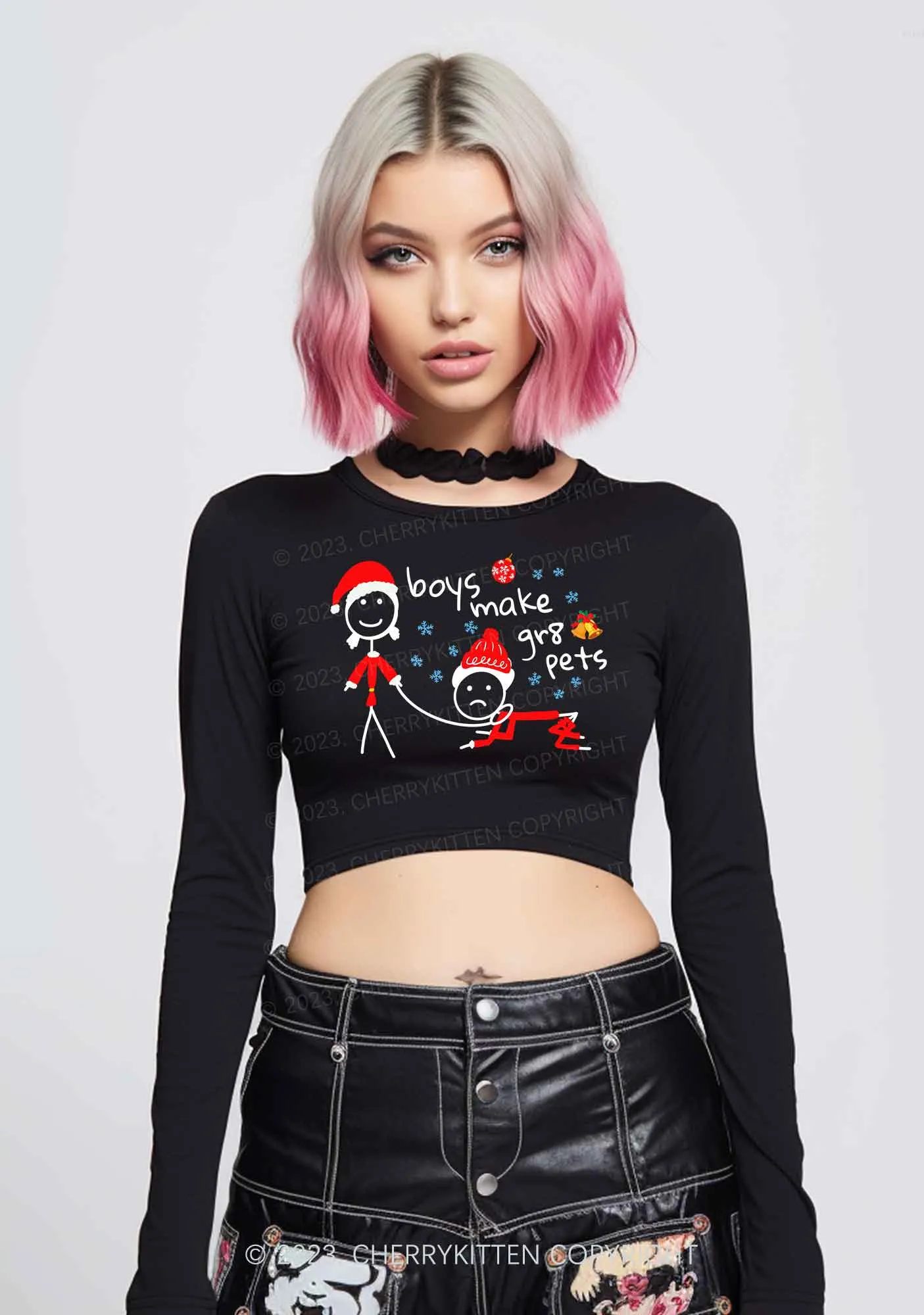 Boys Make Gr8 Pets Christmas Y2K Long Sleeve Crop Top Cherrykitten