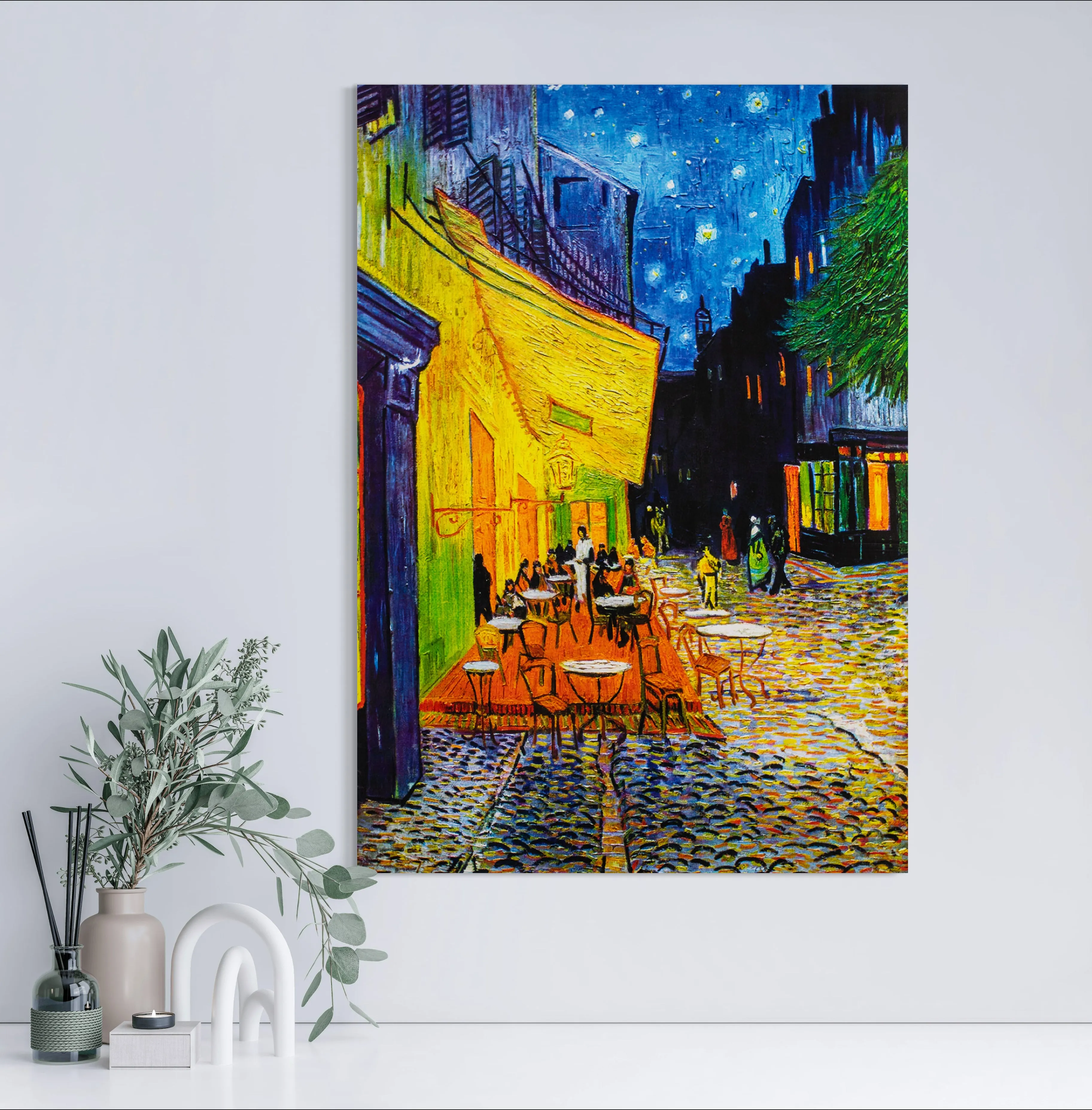 Cafe Terrace at Night - Painted by Vincent Van-Gogh - Circa. 1888. High Quality Polyester Cotton Canvas Print. Rolled Canvas Available in 3 Sizes - Small, Medium, or Large. Stretched Canvas Option Available in One (1) Large Size - 70cm x 100cm.