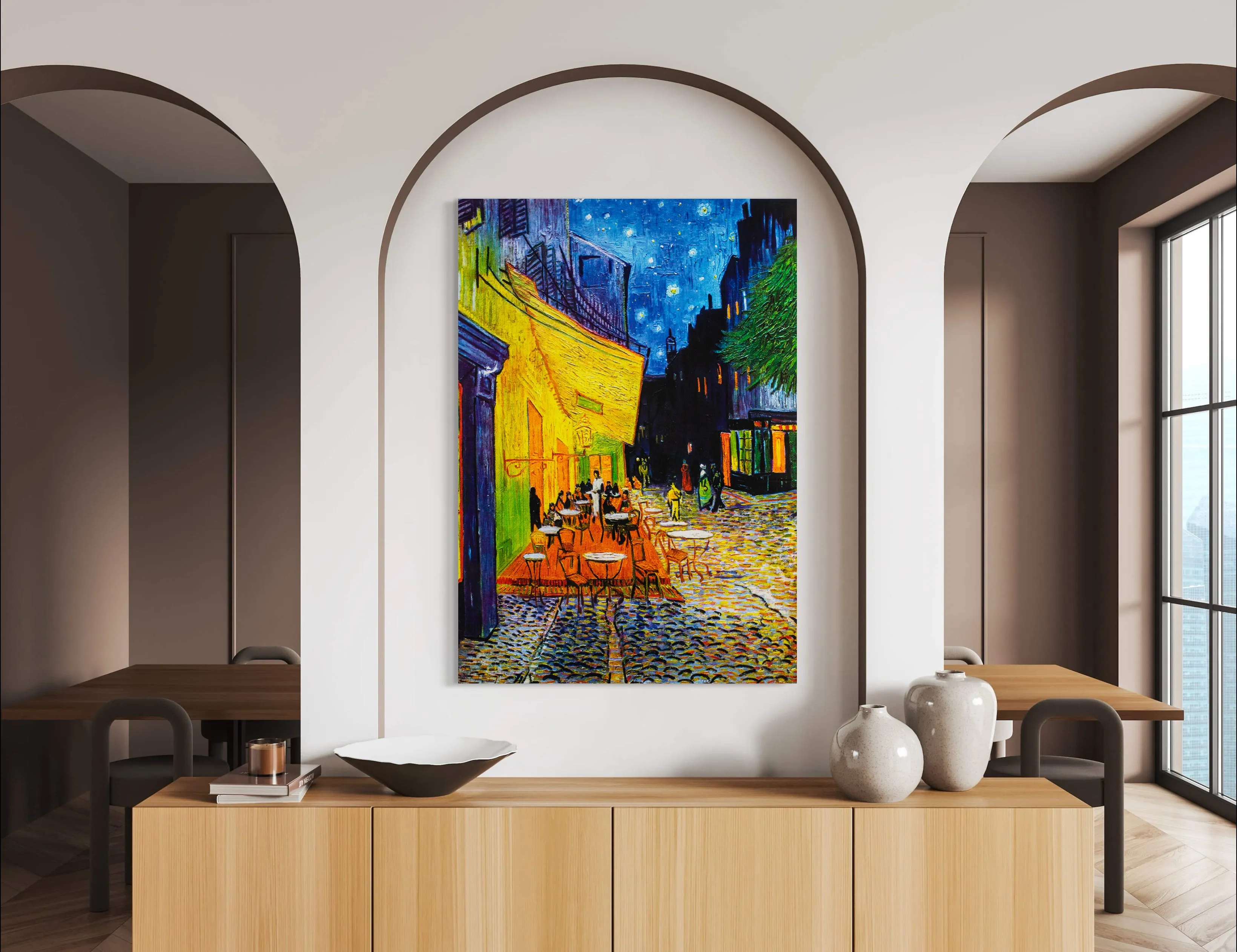 Cafe Terrace at Night - Painted by Vincent Van-Gogh - Circa. 1888. High Quality Polyester Cotton Canvas Print. Rolled Canvas Available in 3 Sizes - Small, Medium, or Large. Stretched Canvas Option Available in One (1) Large Size - 70cm x 100cm.