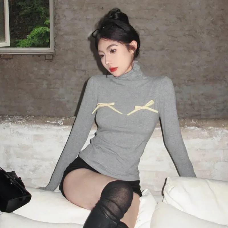 Coquette Y2k Clothes Girl Cute T Shirts Bows Turtleneck Long Sleeve Tops Spring 2024 Women Korean Fashion P85-BB17