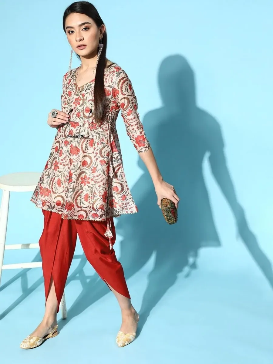 Cream Floral Digital Print Kurta with Dhoti