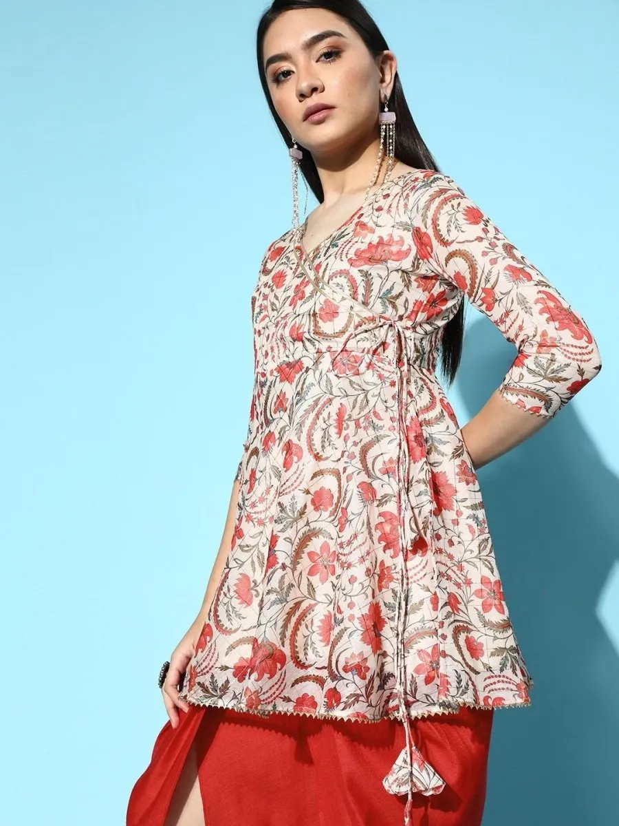 Cream Floral Digital Print Kurta with Dhoti