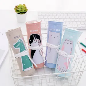 Cute Canvas Roll Up Pencil Case with Pencil Pouch