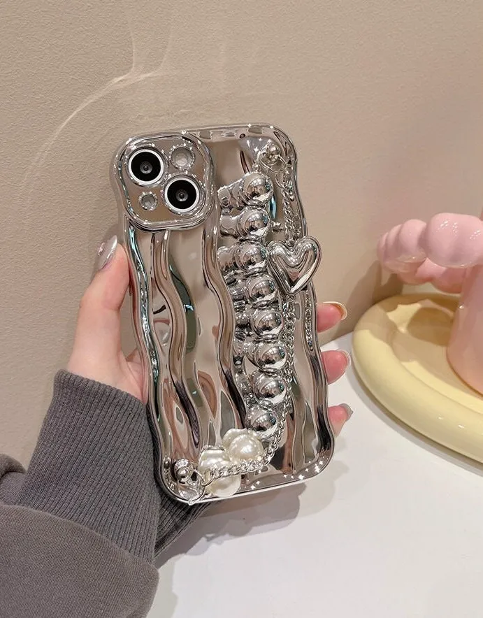 Cute Electroplated Silver Wave Design with Silver & White Pearl Strap Protective Shockproof iPhone Case for iPhone 11 12 13 14 Pro Max Case