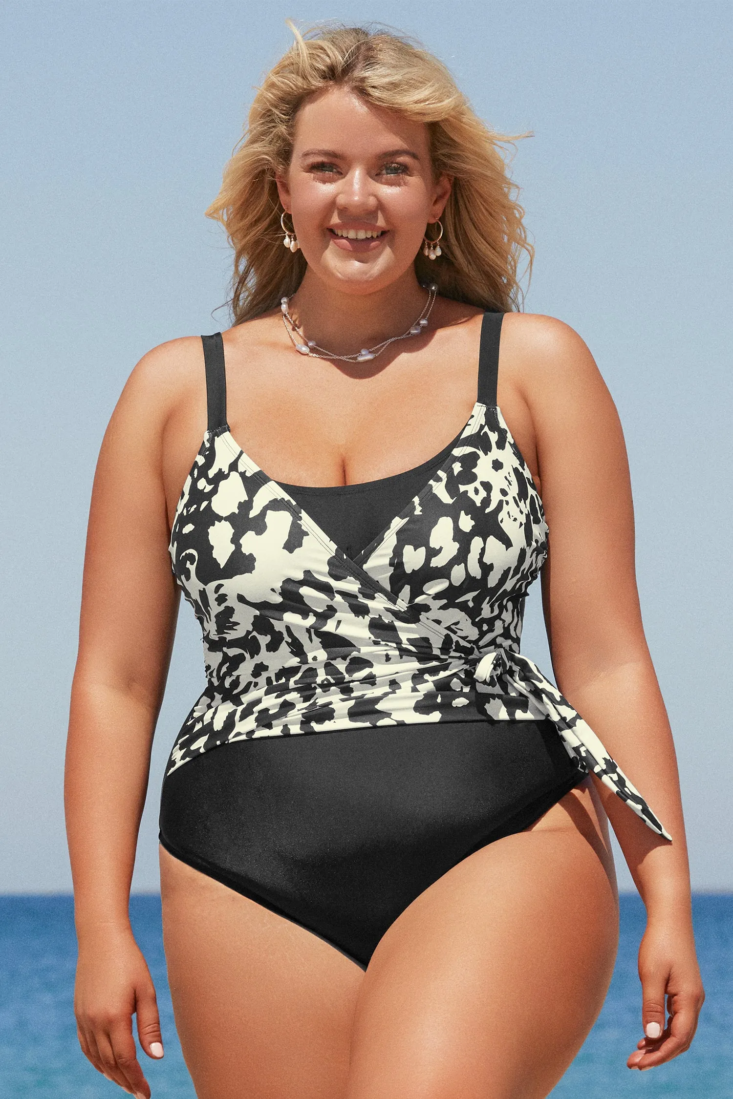 Darker Mottled Light Tie Side Plus Size Black One Piece Swimsuit