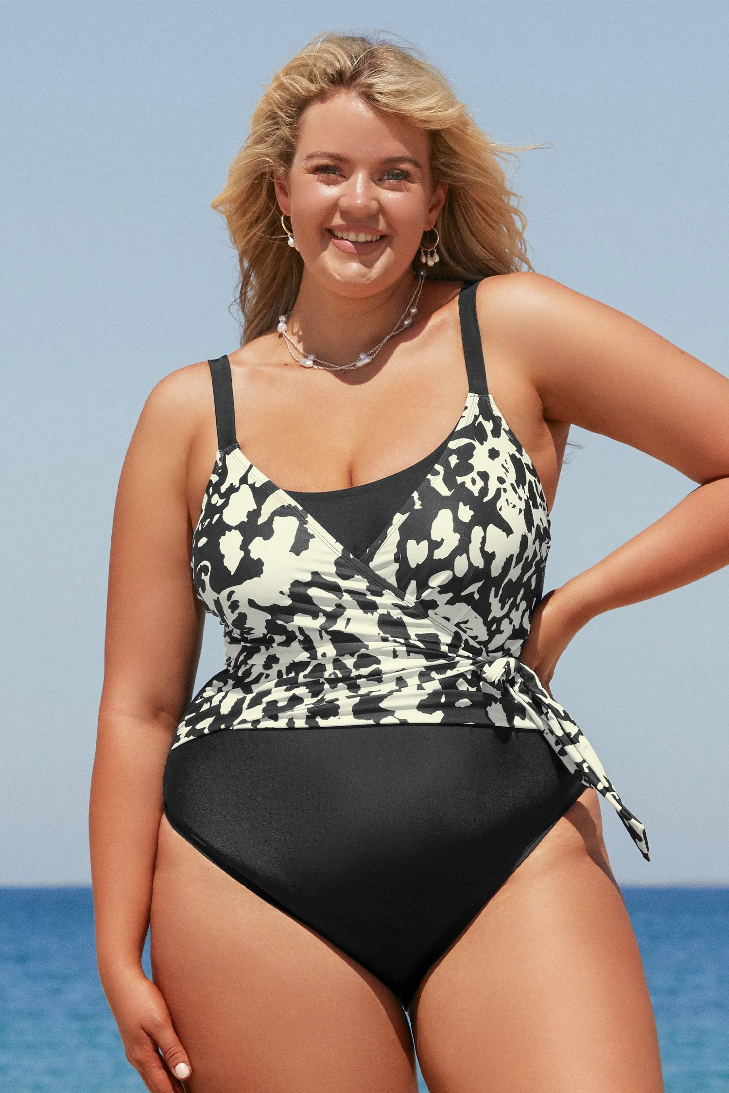 Darker Mottled Light Tie Side Plus Size Black One Piece Swimsuit