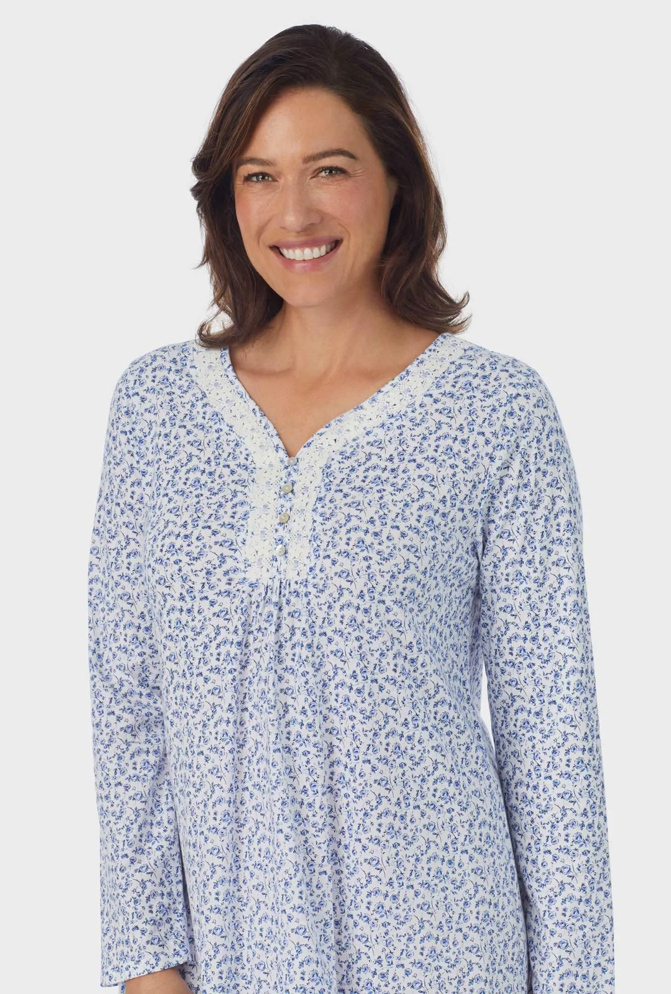 Dusty Blue Tossed Roses Long Sleeve Nightgown