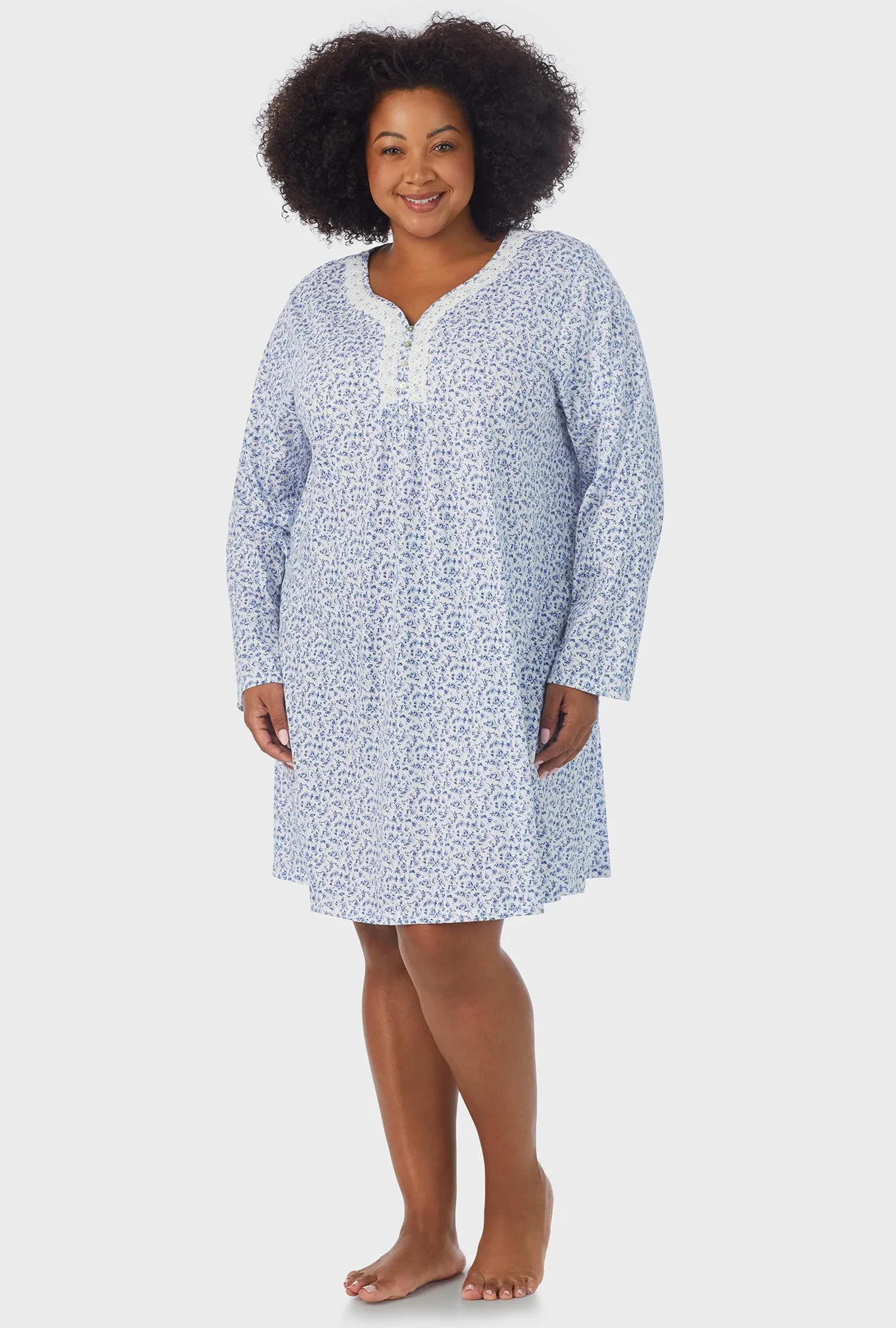 Dusty Blue Tossed Roses Long Sleeve Nightgown