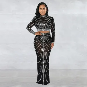 Elegant Rhinestone Mesh Maxi Dress: Glamorous Women's Clubwear