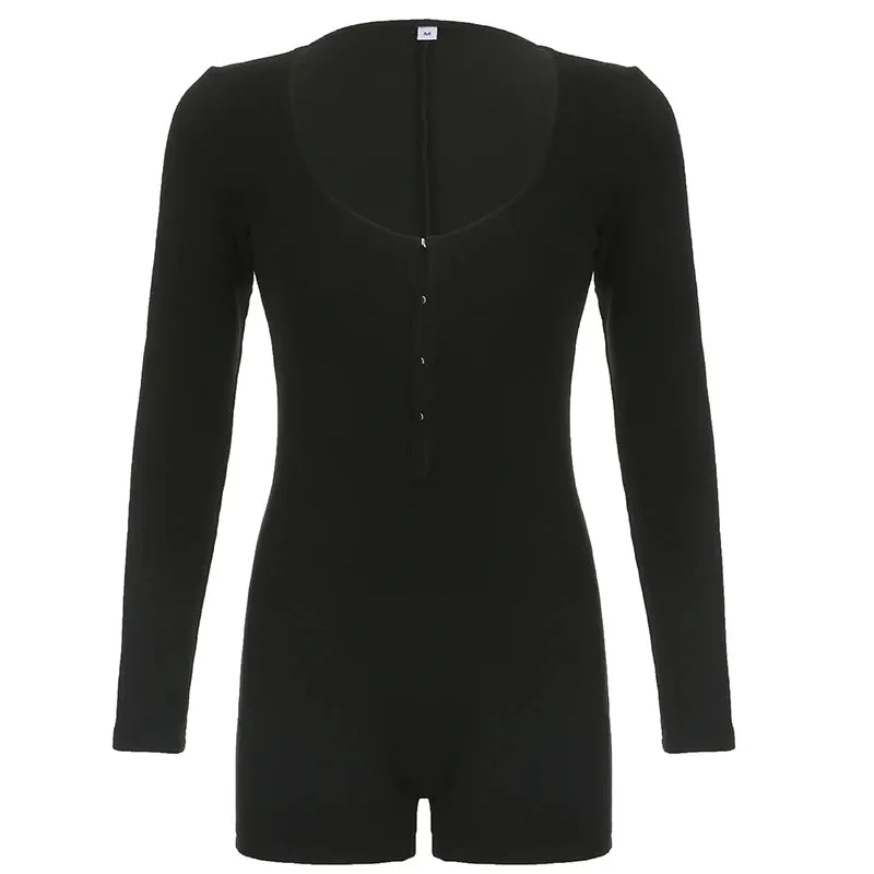 Fashion Black Skinny Autumn Winter Playsuit Female Long Sleeve Buttons Solid Sexy Clubwear Party Jumpsuit Bodysuits