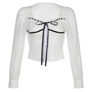 Fashion Chic Jacquard Y2K Female T-shirts Blouse Corset Stitch Tie Up Square Neck Top Tee Pins Sweet Coquette Clothes