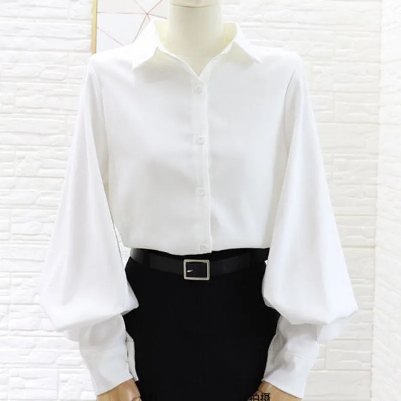 Fashion Lantern Sleeve Shirts Elegant Women Designed Button Up Tops Office Ladies Solid Color All Match Spring White Shirts