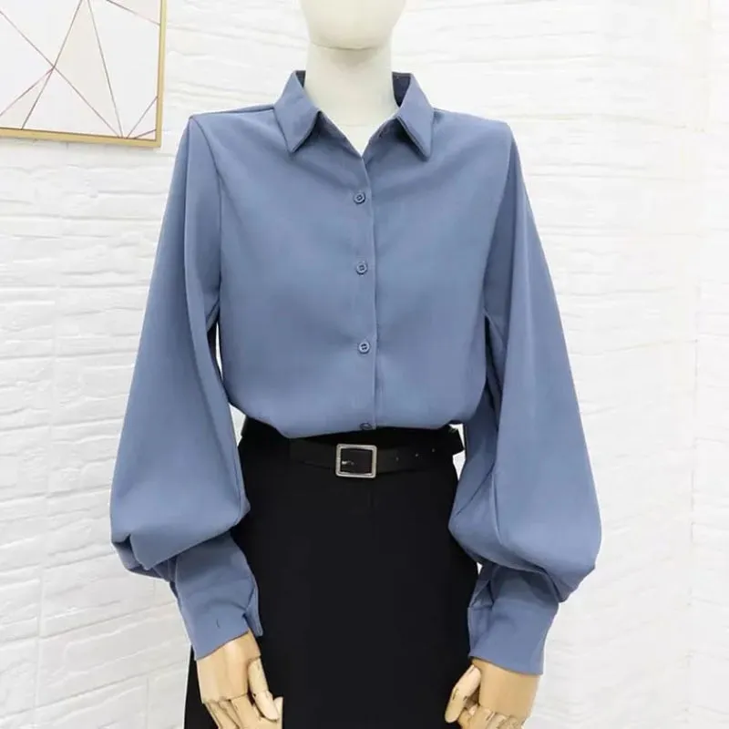 Fashion Lantern Sleeve Shirts Elegant Women Designed Button Up Tops Office Ladies Solid Color All Match Spring White Shirts