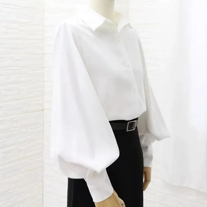 Fashion Lantern Sleeve Shirts Elegant Women Designed Button Up Tops Office Ladies Solid Color All Match Spring White Shirts