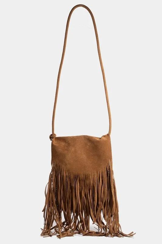 Faux Suede Fringe Rectangle Crossbody Bag