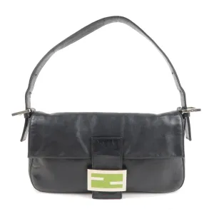 FENDI Mamma Baguette Leather Hand Bag Shoulder Bag Black Green