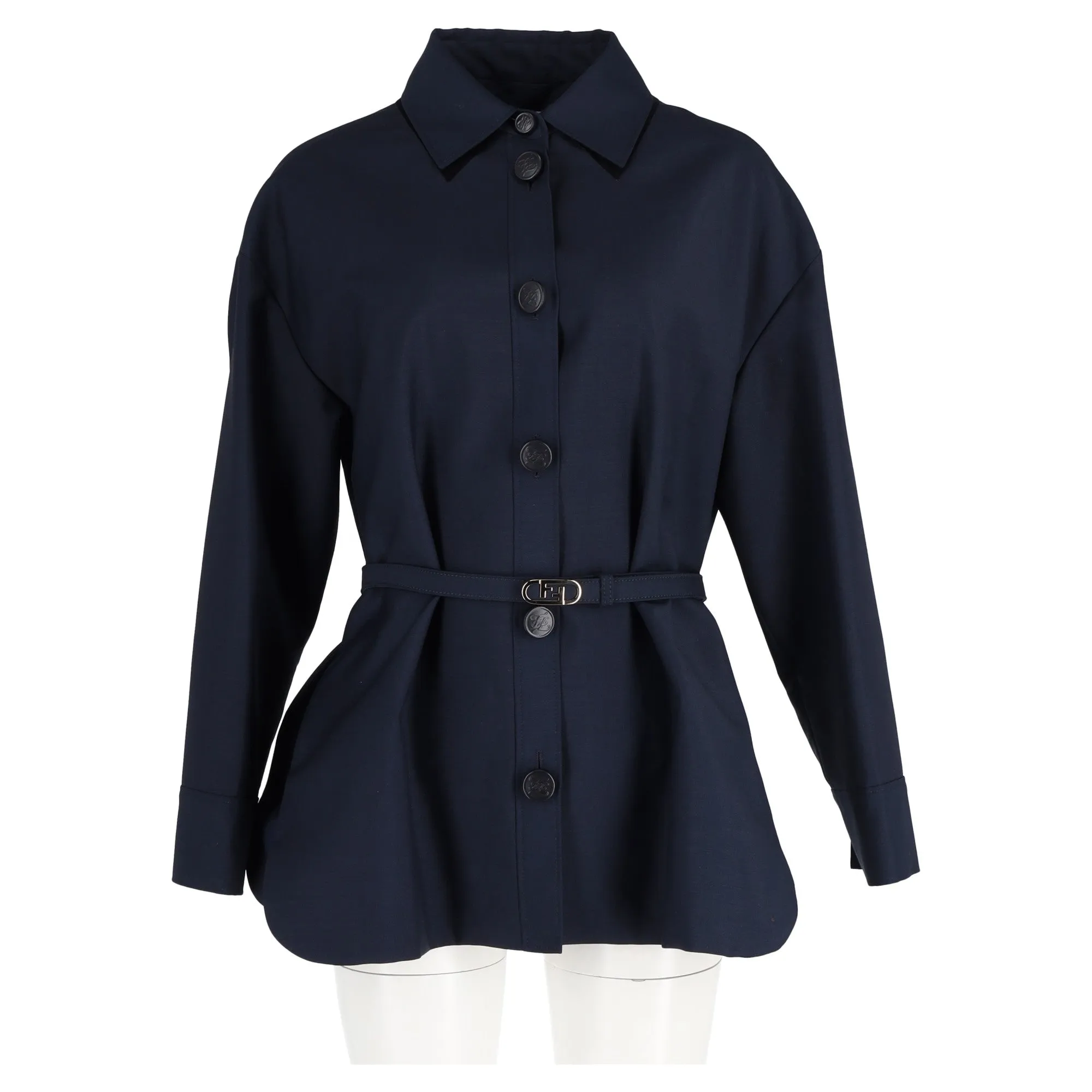 Fendi Woven Oversized Jacket with FF Belt in Navy Blue Wool