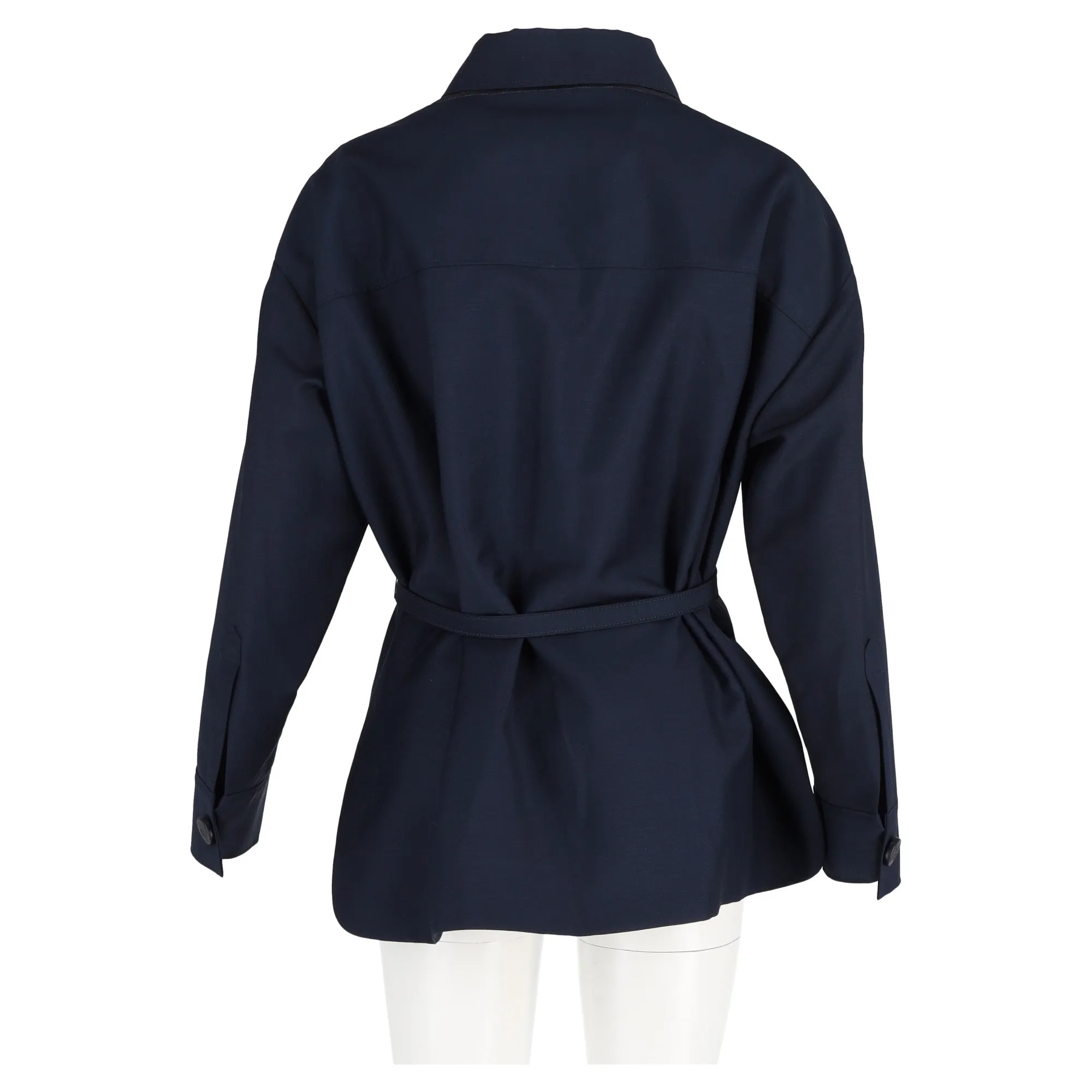 Fendi Woven Oversized Jacket with FF Belt in Navy Blue Wool