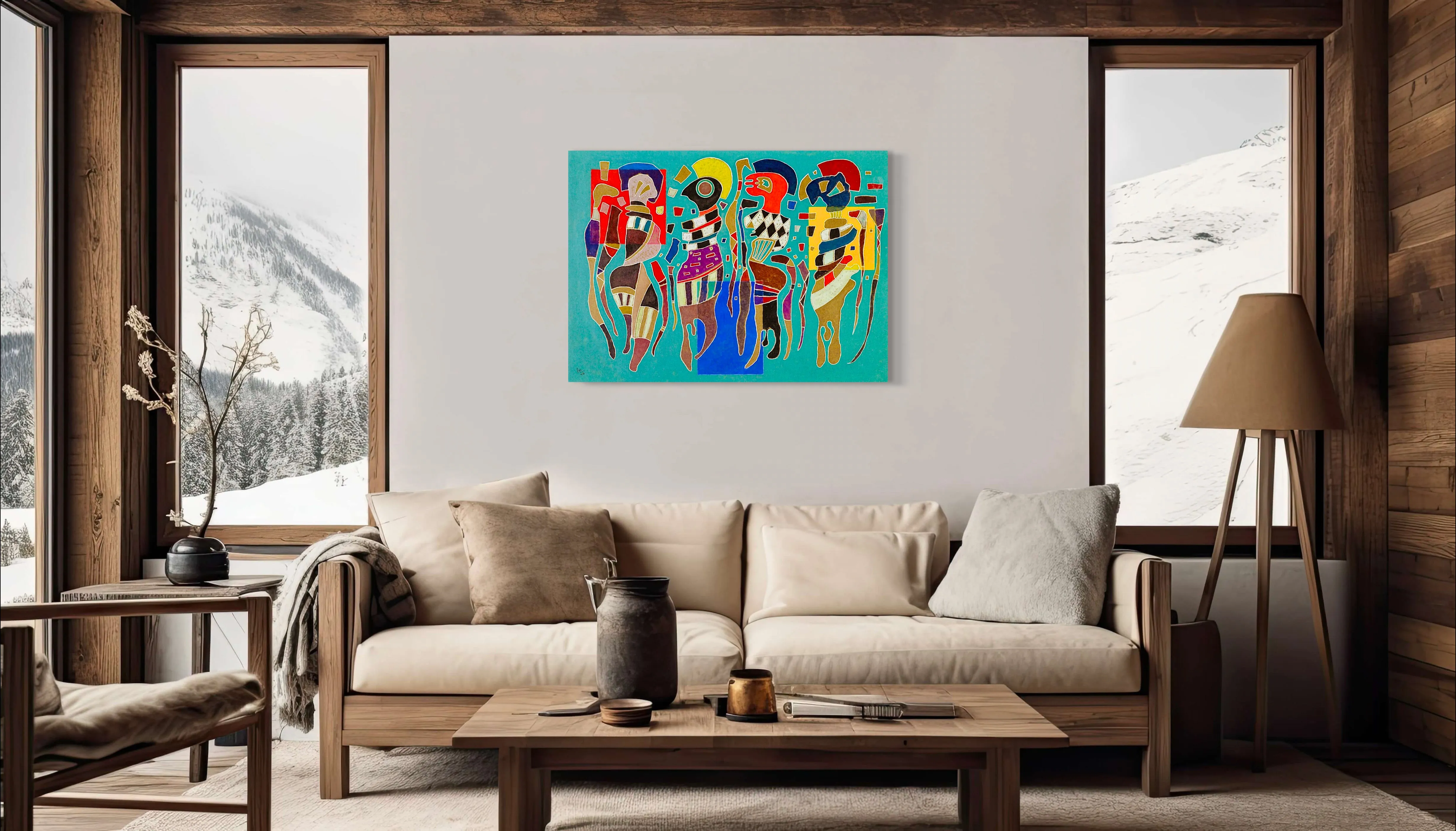 Four Figures on Three Squares - Painted by Wassily Kandinsky - Circa. 1943. High Quality Polyester Cotton Canvas Print. Ready to be Framed. Available in Two Sizes - 40cm X 60cm & 70cm x 100cm.