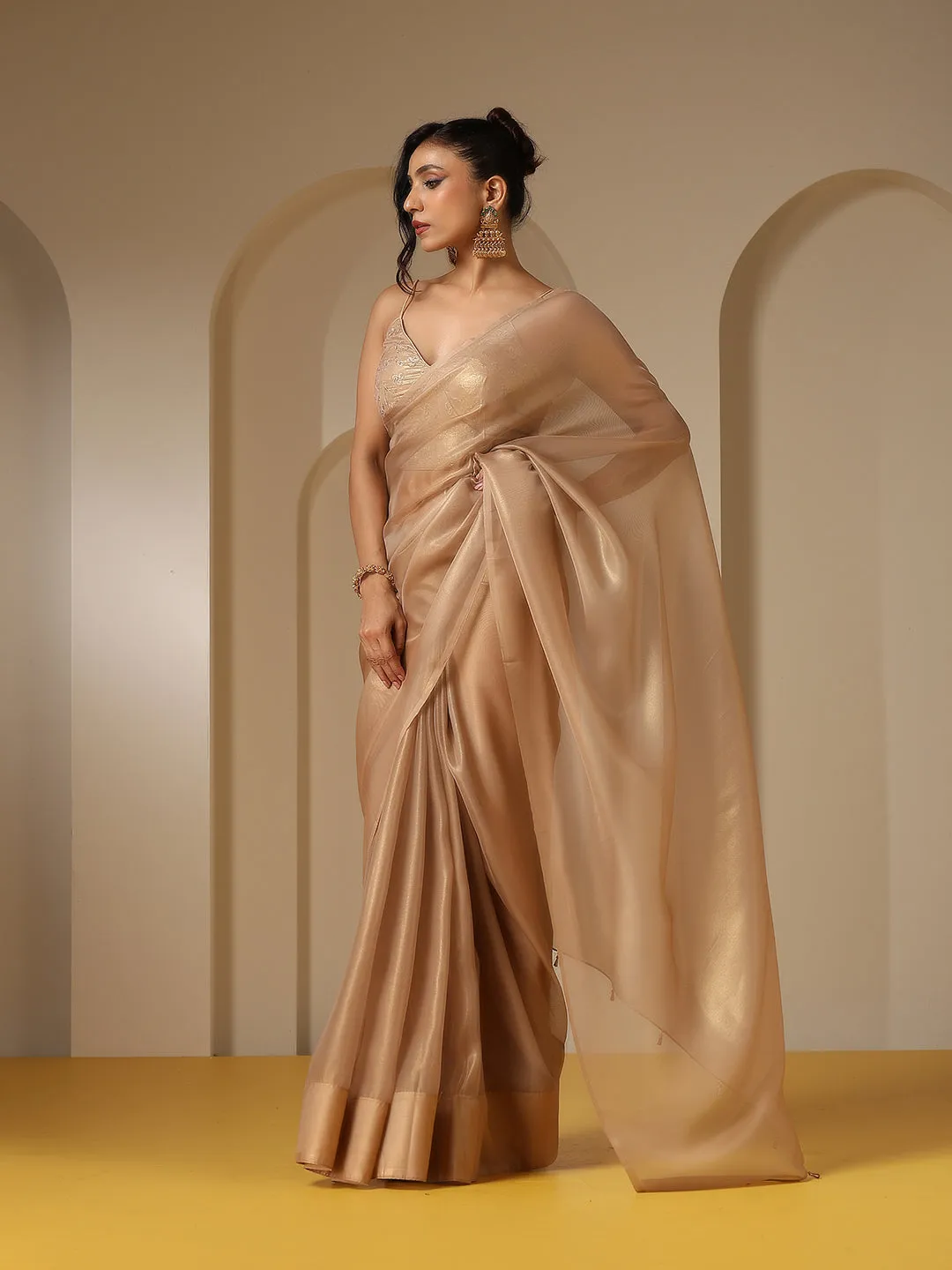 Glamorous Gold Organza Saree with Embroidered Blouse Fabric