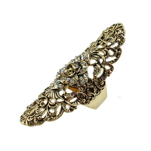 Gold Finish Vintage Fligreed Bold Ring w/ Rhinestones