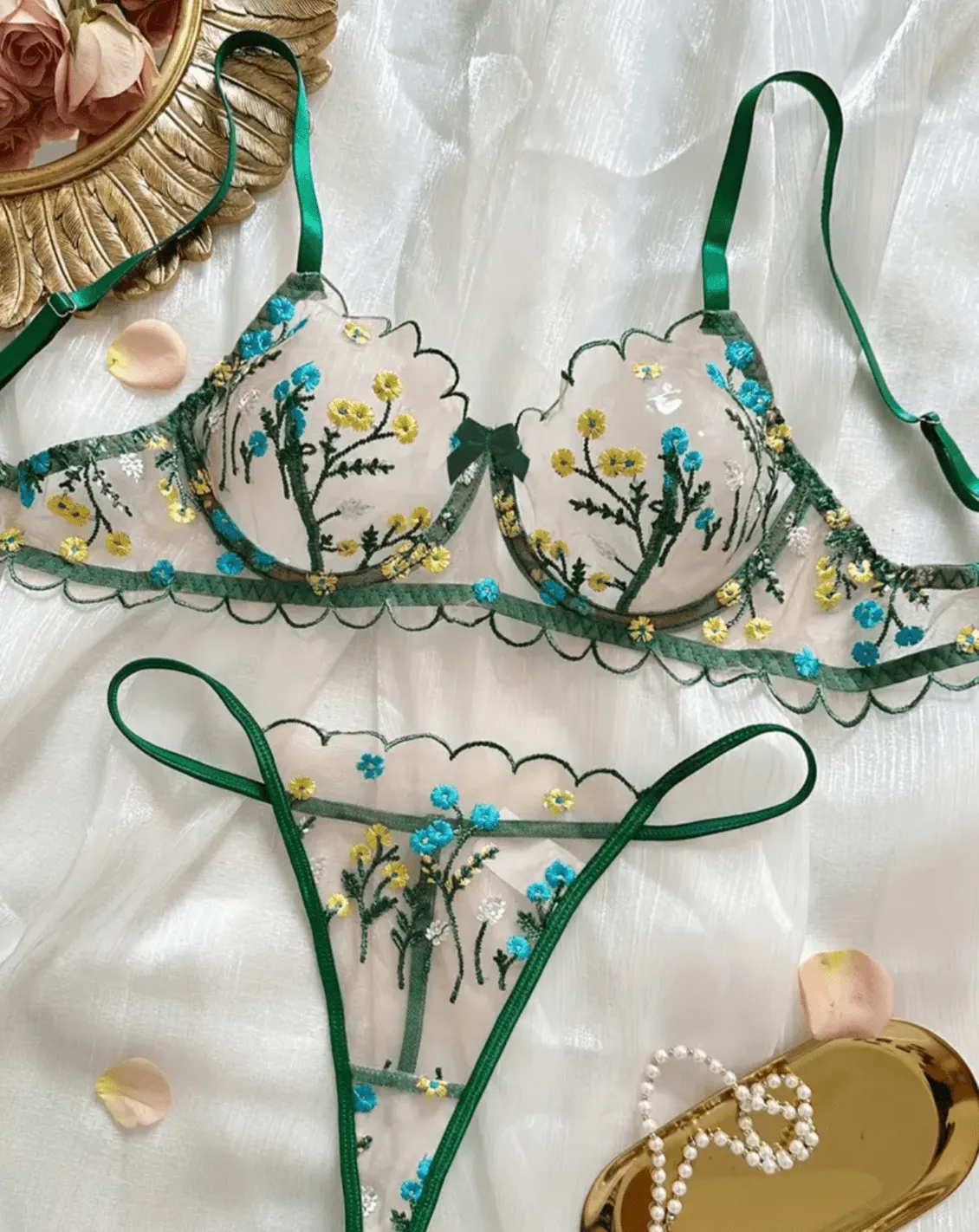 Green Lingerie Floral Set Sheer