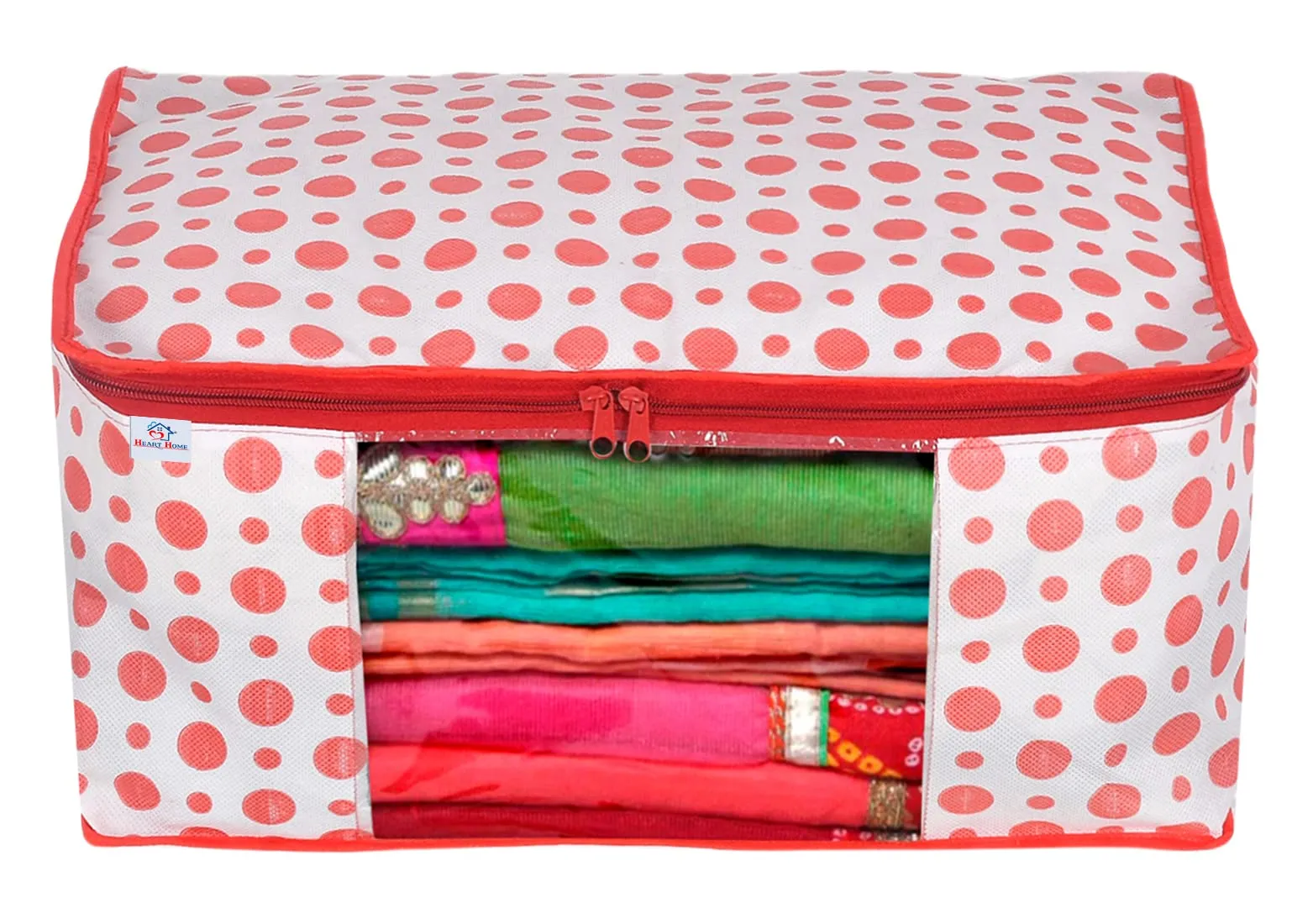 Heart Home Dot Printed Foldable, Lightweight Non-Woven Saree Cover/Organizer With Tranasparent Window- Pack of 8 (Pink)-46HH0485