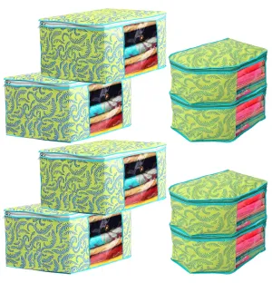 Heart Home Leaf Design Non-woven Foldable 4 Saree & 4 Blouse Cover/Clothes Storage Bag/Wardrobe Organizer Set With Transparent Window- Pack of 8 (Green)-44HH0571