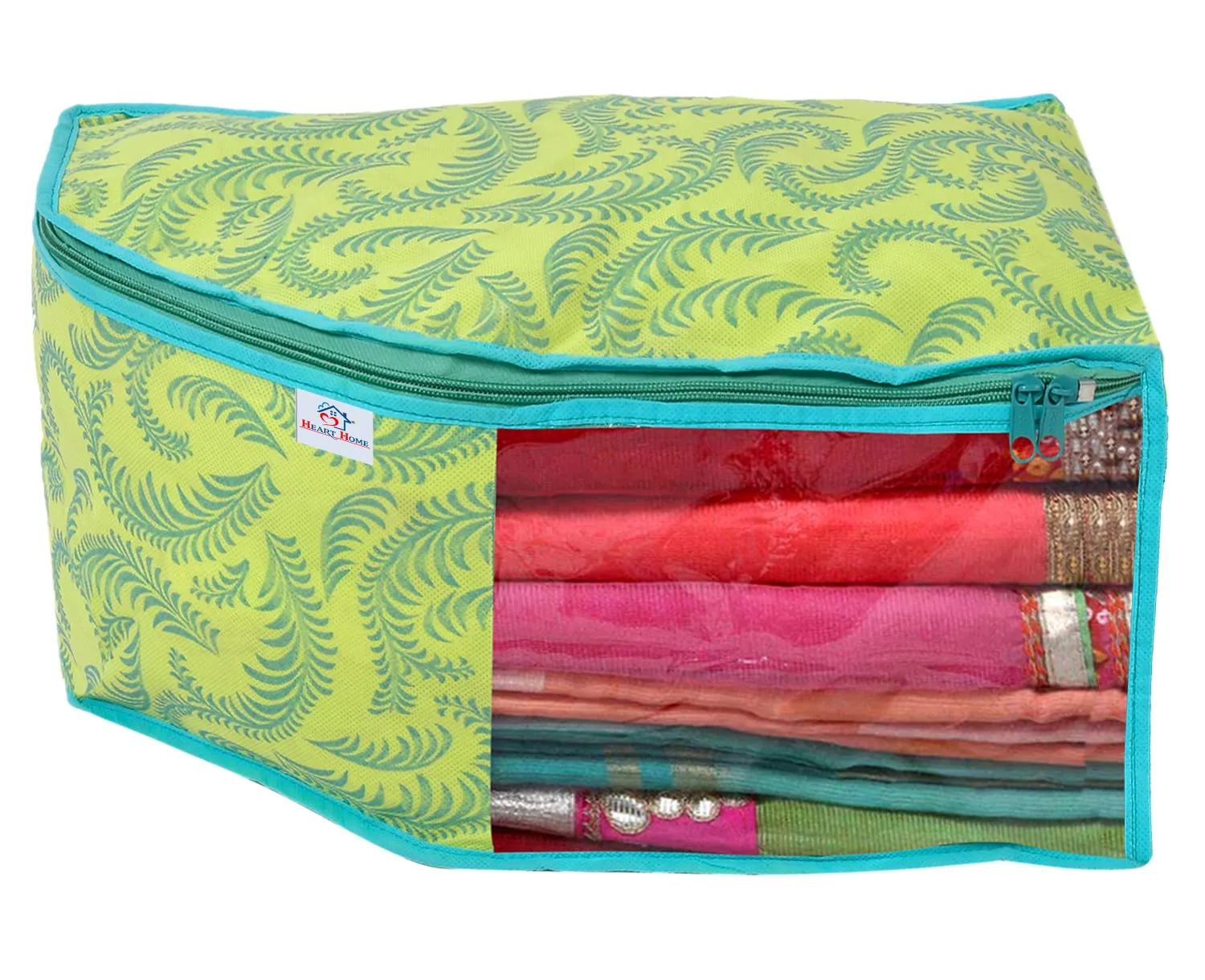 Heart Home Leaf Design Non-woven Foldable 4 Saree & 4 Blouse Cover/Clothes Storage Bag/Wardrobe Organizer Set With Transparent Window- Pack of 8 (Green)-44HH0571