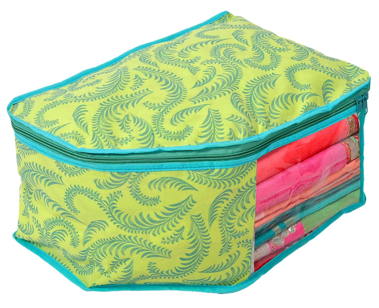 Heart Home Leaf Design Non-woven Foldable 4 Saree & 4 Blouse Cover/Clothes Storage Bag/Wardrobe Organizer Set With Transparent Window- Pack of 8 (Green)-44HH0571