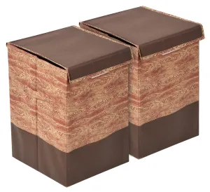 Heart Home Wooden Design Non-Woven Foldable Large Laundry basket/Hamper With Lid & Handles- Pack of 2 (Brown)-44HH0199