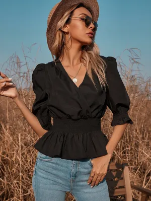 KittenAlarm - Black V-neck Puff Sleeve Short Top