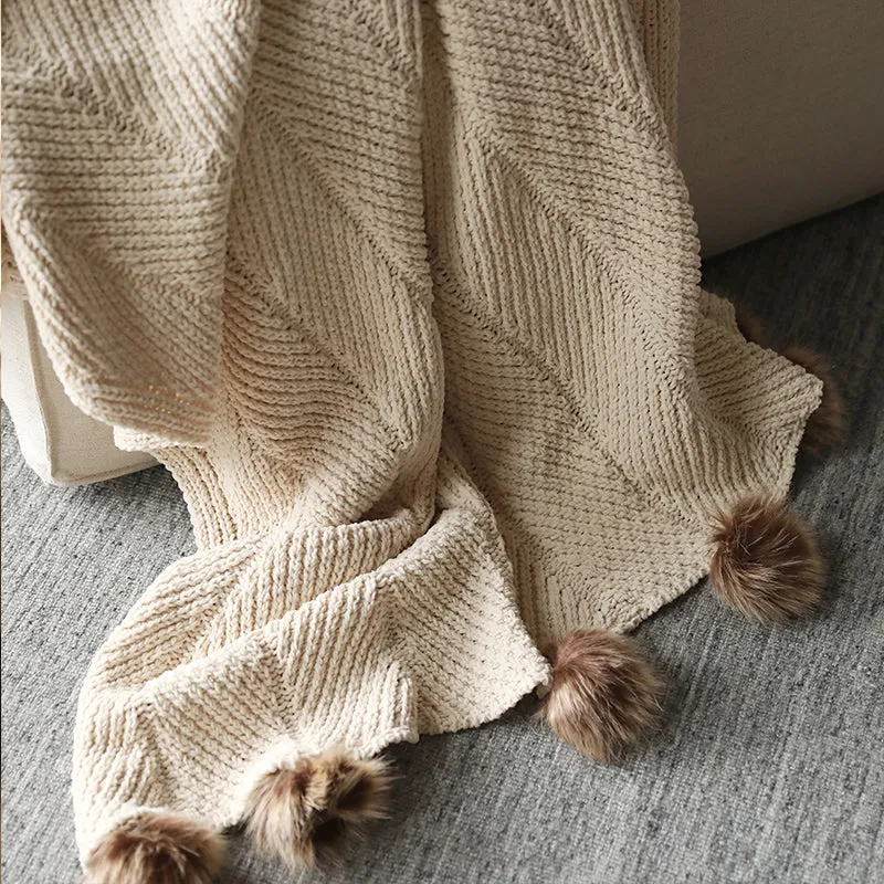 Knitted Throw With Pom Poms