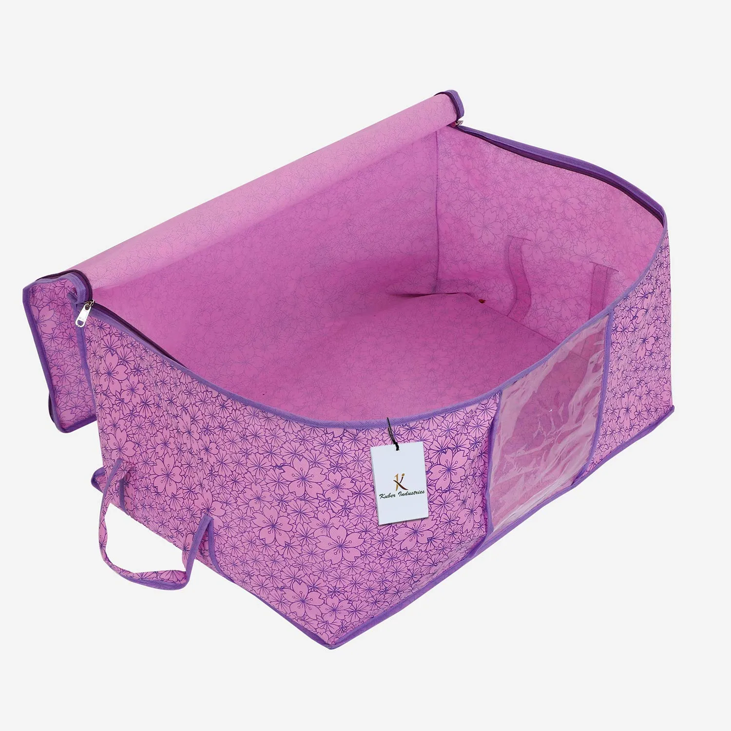 Kuber Industries Metallic Flower Design Non Woven Underbed Storage Bag, Organiser, Blanket Cover (Pink and Purple, Standard, CTKTC034563) 2 Pieces