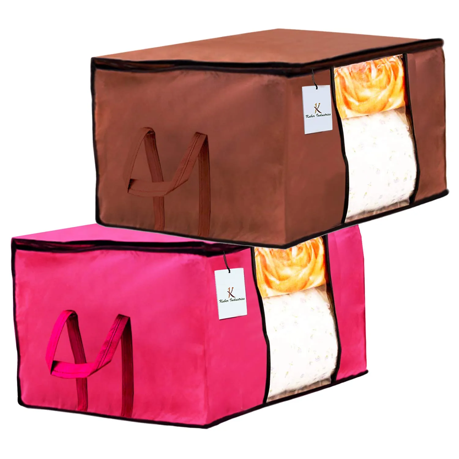 Kuber Industries Underbed Storage Bag, Storage Organiser, Blanket Cover Set of 2 - Dark Brown,Pink Extra Large Size-CTKTC23836