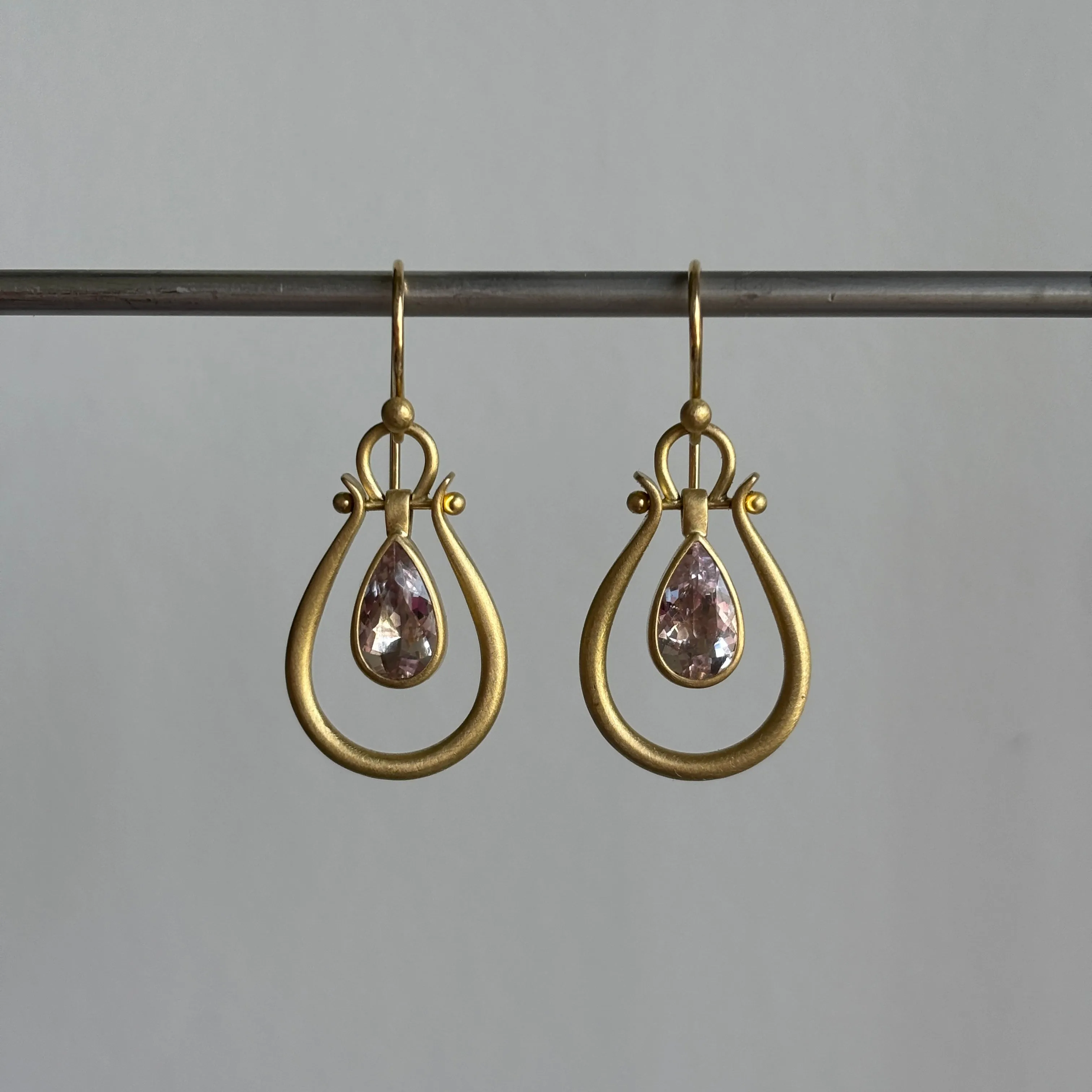 Large Gold Lyre Earrings with Morganite Pears