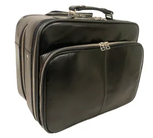 LEATHER TROLLEY CASE / WHEELED LAPTOP TRAVEL BUSINESS BAG IN BLACK