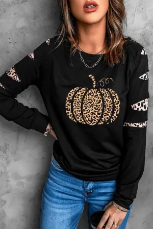 Leopard Pumpkin Print Cutout Long Sleeve Top