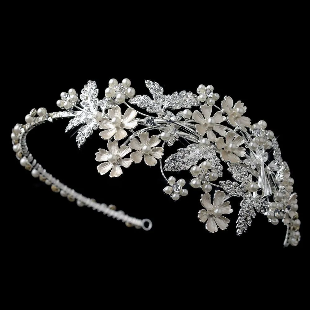 Light Silver Crystal & Ivory Pearl Floral Side Headband