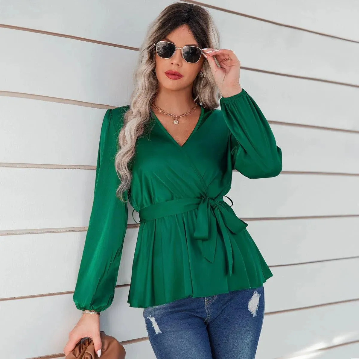 Long Puff Sleeve Tie Waist Top