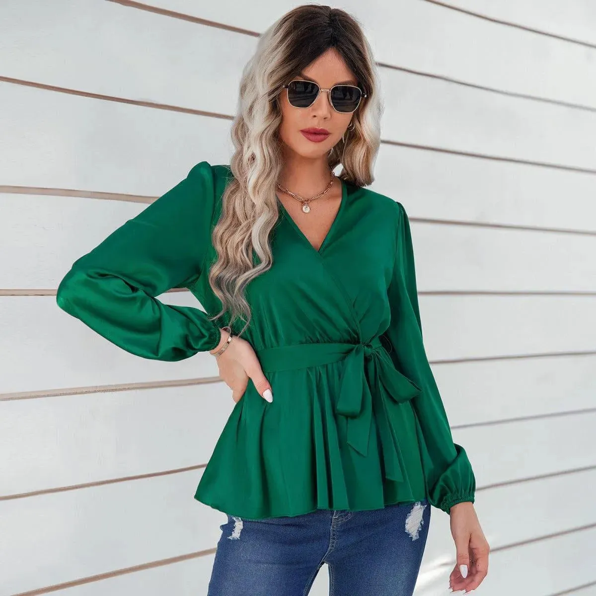 Long Puff Sleeve Tie Waist Top