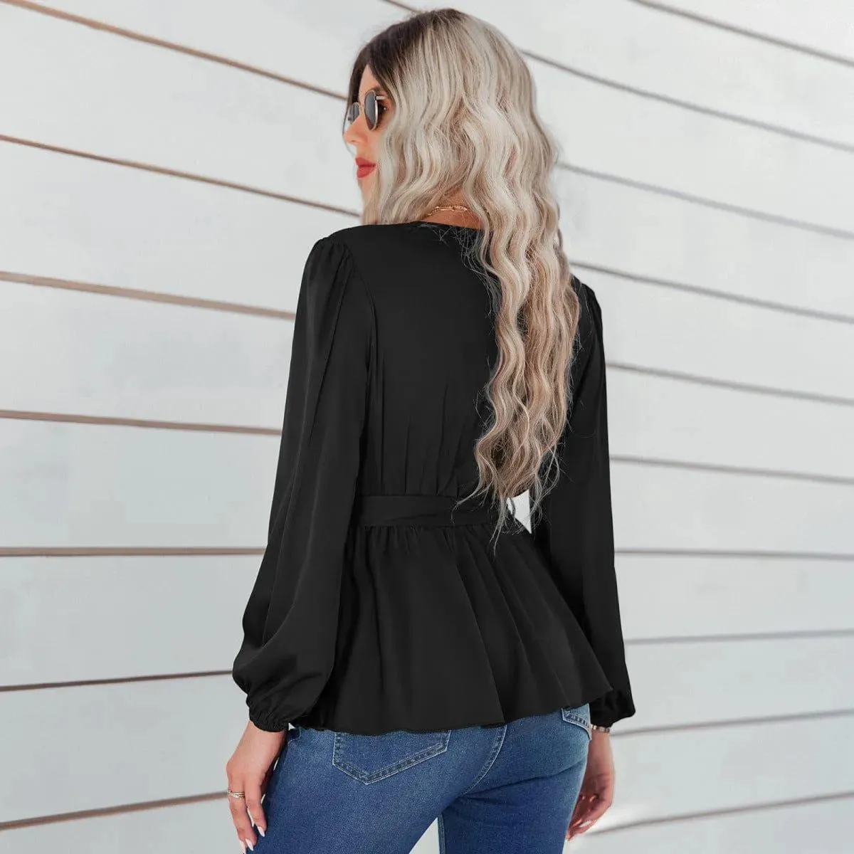 Long Puff Sleeve Tie Waist Top