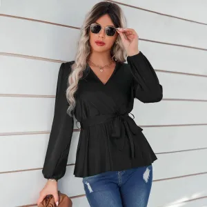 Long Puff Sleeve Tie Waist Top